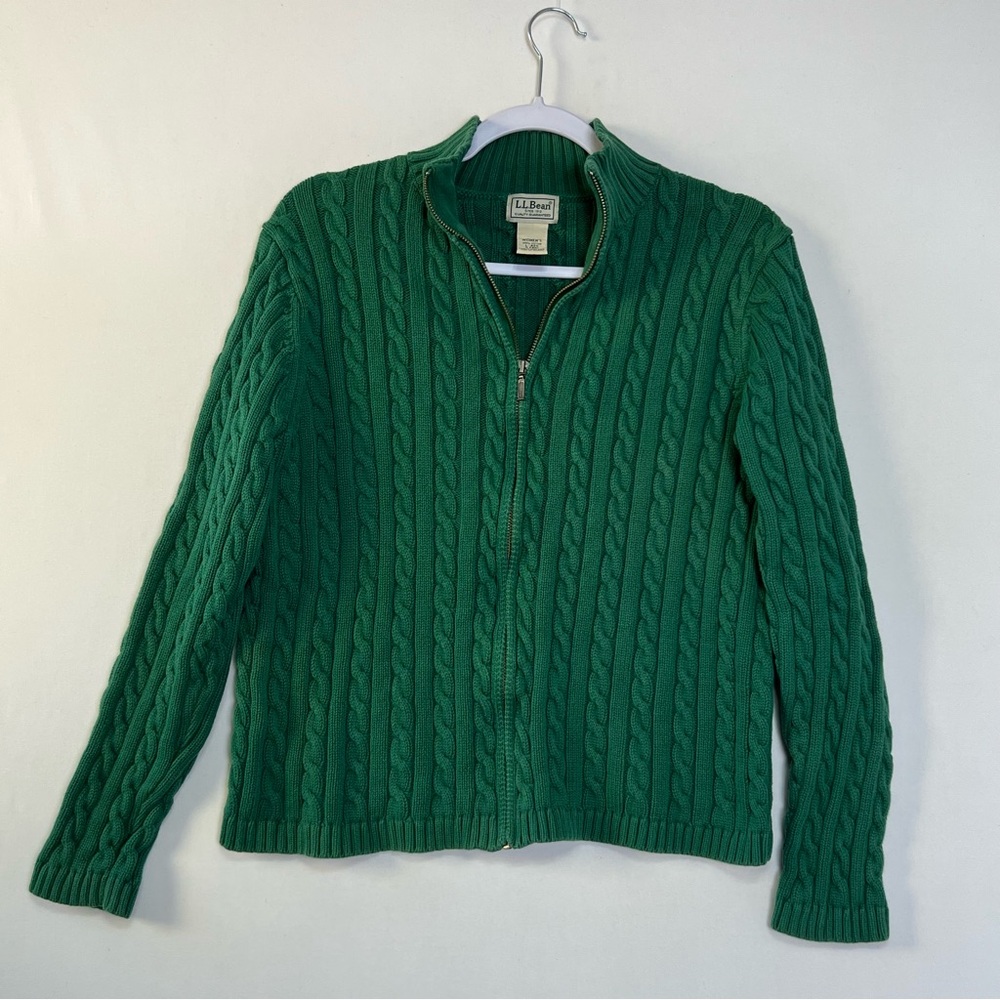 LL Bean Green Cable Knit Sweater Womens Large Full Zip Long Sleeve Cardigan